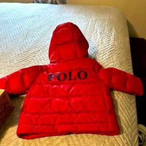 Red Baby Polo jacket with Navy letters brand new with tags size 0-6 months